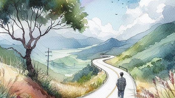 Illustration of a man walking with a rainbow in the background. Foto: Mostphotos